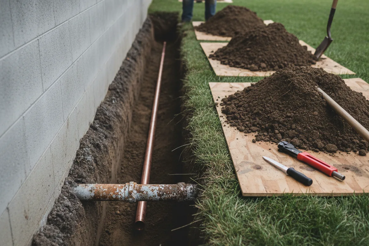 Excavated water line trench during Water Heater Repair in Sperry